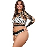 ohyeah Plus Size Fishnet Lingerie Set Rave Fishnet Bodysuit Top and Panty Set 2 Piece Crop Top Long Sleeve XS-5XL