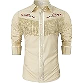 TURETRENDY Men's Western Cowboy Fringe Shirt Long Sleeve Rose Embroidered Slim Fit Button Down Shirt