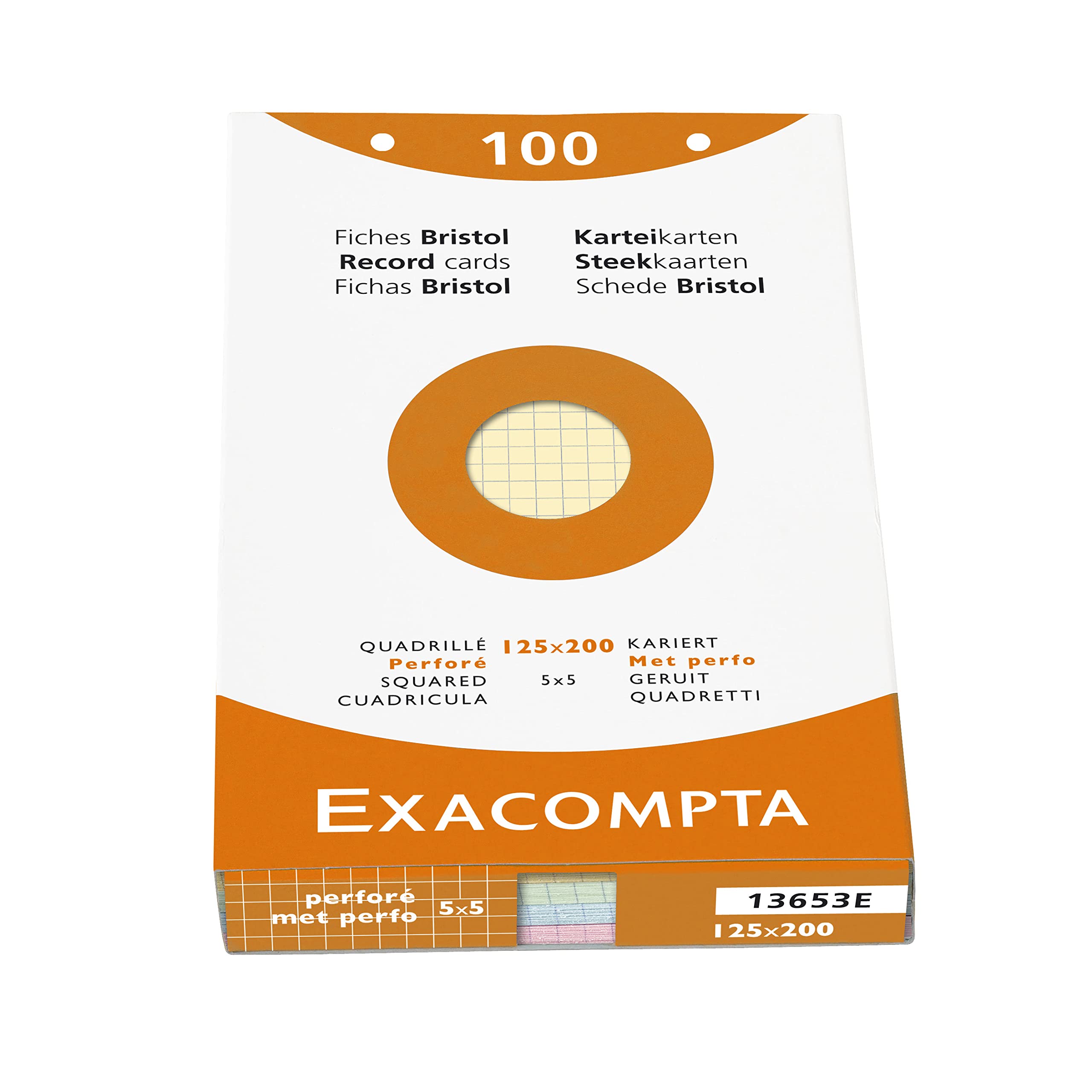 Exacompta - Ref 13653E - Bristol Squared & Punched Record Cards (Pack of 100) - 125 x 200mm in Size, 205gsm Card, Compatible with Printers - Suitable for Exam Revision & Notes - Assorted Colours