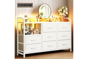 KKL White Dresser for Bedroom with Light Strip & Power Outlet — 8 Drawers Dressers & Chest of Drawers with Shelf, Wood Top, Metal Frame, Wide Dressers for Girls Bedroom, Living Room, Hallway, Closet