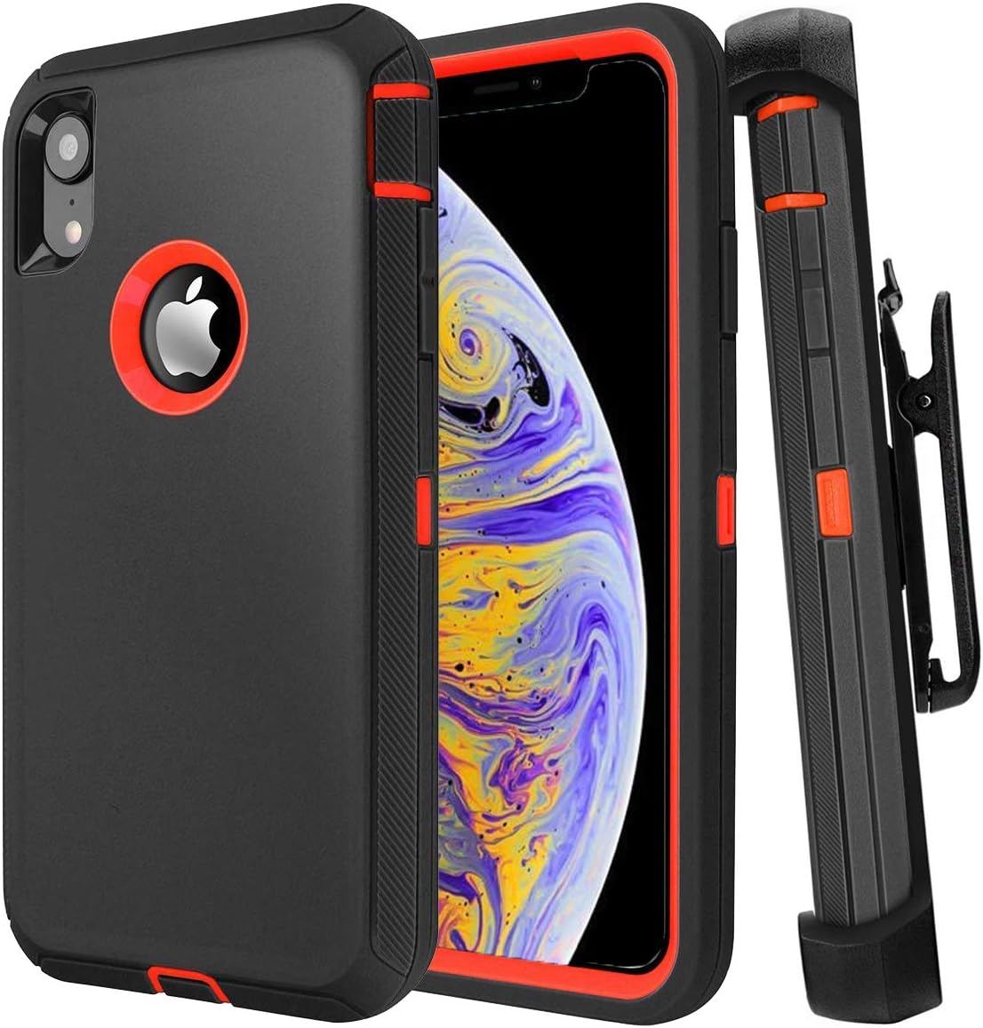 Casa iPhone Xr 6.1'' Shockproof Case, Touch 3 in 1 Heavy Duty Holster Case Belt Clip + Armor Protective Kickstand Cover for Apple iPhone Xr 6.1'' 2018 (Black+Orange)