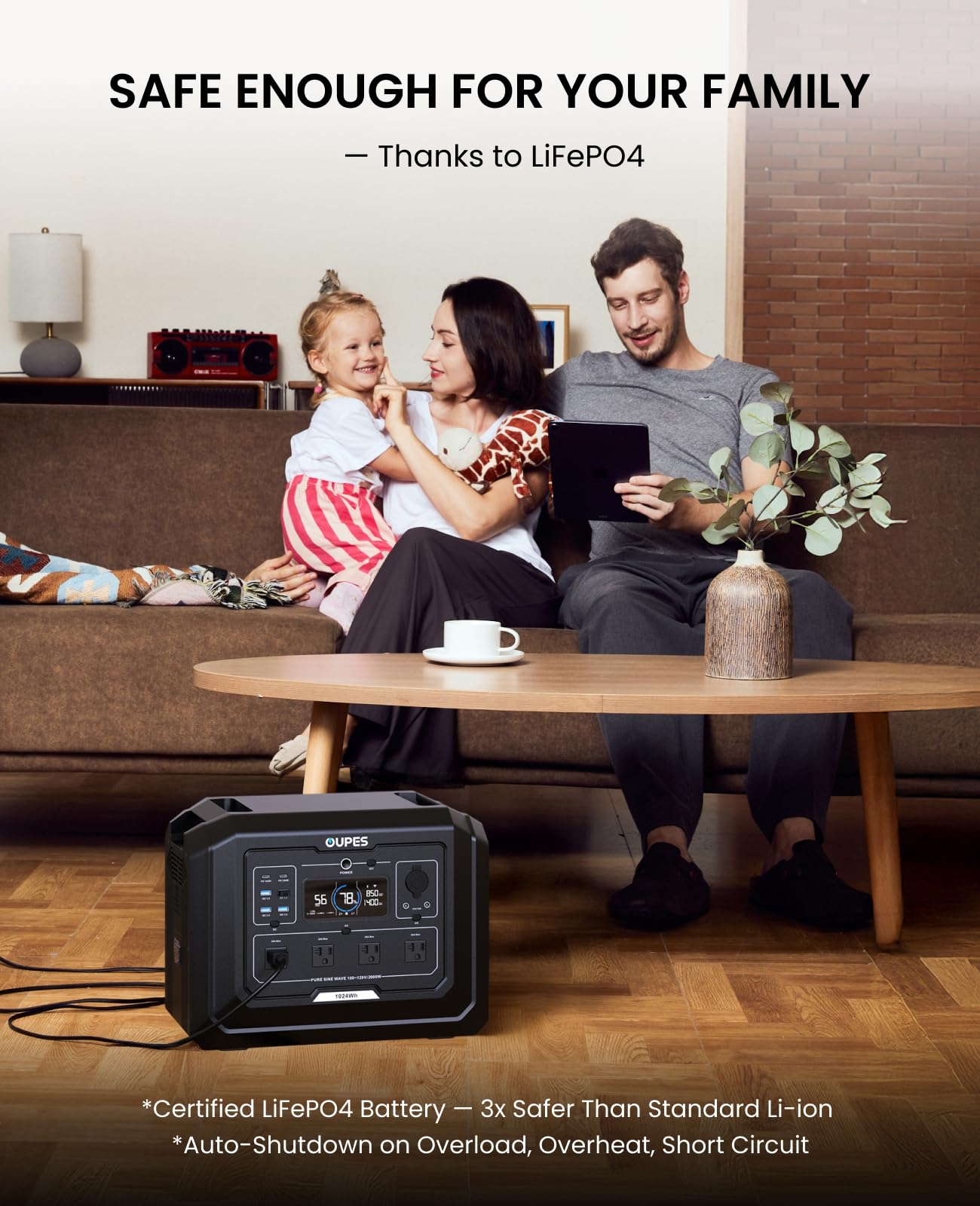 OUPES Mega 1 Portable Power Station, 1024Wh LiFePO4 Battery w/ 4 2000W AC Outlets, Expandable to 5kWh, UPS, Solar Generator for Home Backup Power, Camping & Road Trips (Solar Panel Optional)