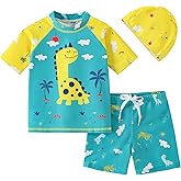 AIWUHE Toddler Boys Swimsuit Set Rash Guard Boys' Swimwear Two Piece Bathing Suit and Swim Trunk with Hat UPF 50+ 3-8Y