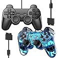 Degulan Wired Controller for PS2 Dual Shock, 2 Pack Gamepad Remote Compatible with Play Station 2 (Black and Clear Blue)