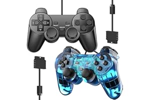 Degulan Wired Controller for PS-2 High Performance Double Shock Gamepad Joystick Remote Compatible with Play 2 (Black and Clear Blue)