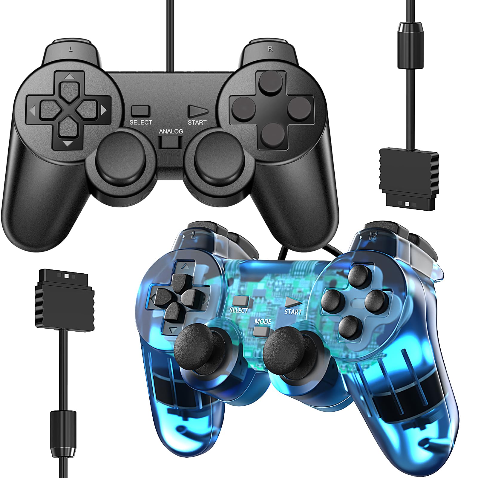 Degulan Wired Controller for PS-2 High Performance Double Shock Gamepad Joystick Remote Compatible with Play 2 (Black and ClearBlue)