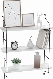 Floating Shelves Wall Mounted, Industrial Metal Frame Wood Wall Storage Shelves for Bedroom, Living Room, Bathroom, Kitchen, Office and More, 3 Tier(White)