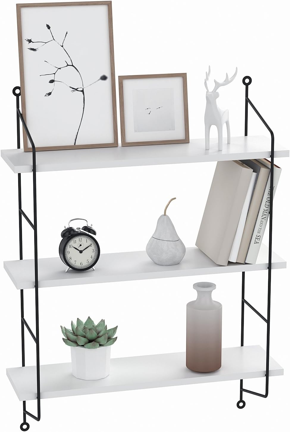 Scallop 3-Tiers Industrial Pipe Wall Mounted Ledge Shelf， Rustic Storage Shelving Bookshelf (White)