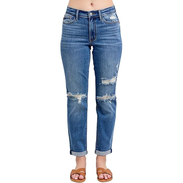 Judy Blue Midrise Cuffed Destroy Boyfriend Jeans, JB-82427