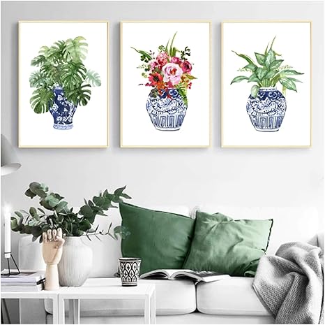 Amazon キャンバスに印刷中国の青と白の磁器水彩花植物ポスターキャンバス絵画の装飾リビングルームの壁アートフレームレス ウォールステッカー オンライン通販