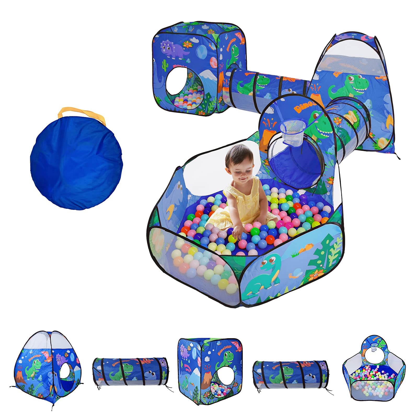 TTLOJ Gift 5PC Dinosaur Kids Play Tent with Ball Pit, Crawl Tunnel, Toddlers Playhouse Castle Toys, Baby Boys Girls Gift for 3 4 5 6 7 Years Old, Outdoor Indoor(Balls Not Included