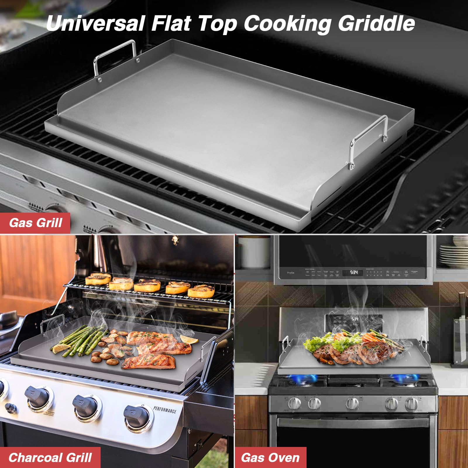 Universal BBQ Plancha Grillplatte 63,5 x 40,6 CM mit Abnehmbarer Griff, Universal passend für Weber Gasgrill & Holzkohlegrill,Grillpfanne für Burger Fleisch Gemüse 4