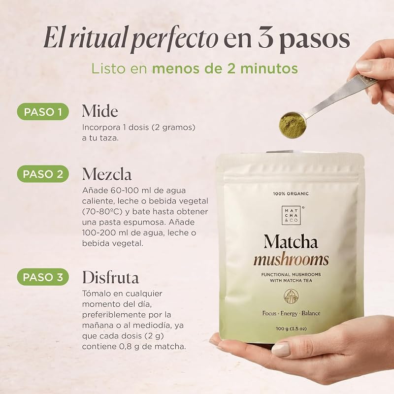 Cogumelos Matcha 100 g – Chá Matcha Cerimonial com 6 Cogumelos Funcionais (Juba de Leão, Reishi, Chaga, Cordyceps, Shiitake, Maitake) – Equilíbrio Energético de Foco – Origem Japonesa
