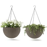 Keter Resin Rattan Set of 2 Round Hanging Planter Baskets for Indoor and Outdoor Plants-Perfect for Porches and Patio Decor, Cappuccino