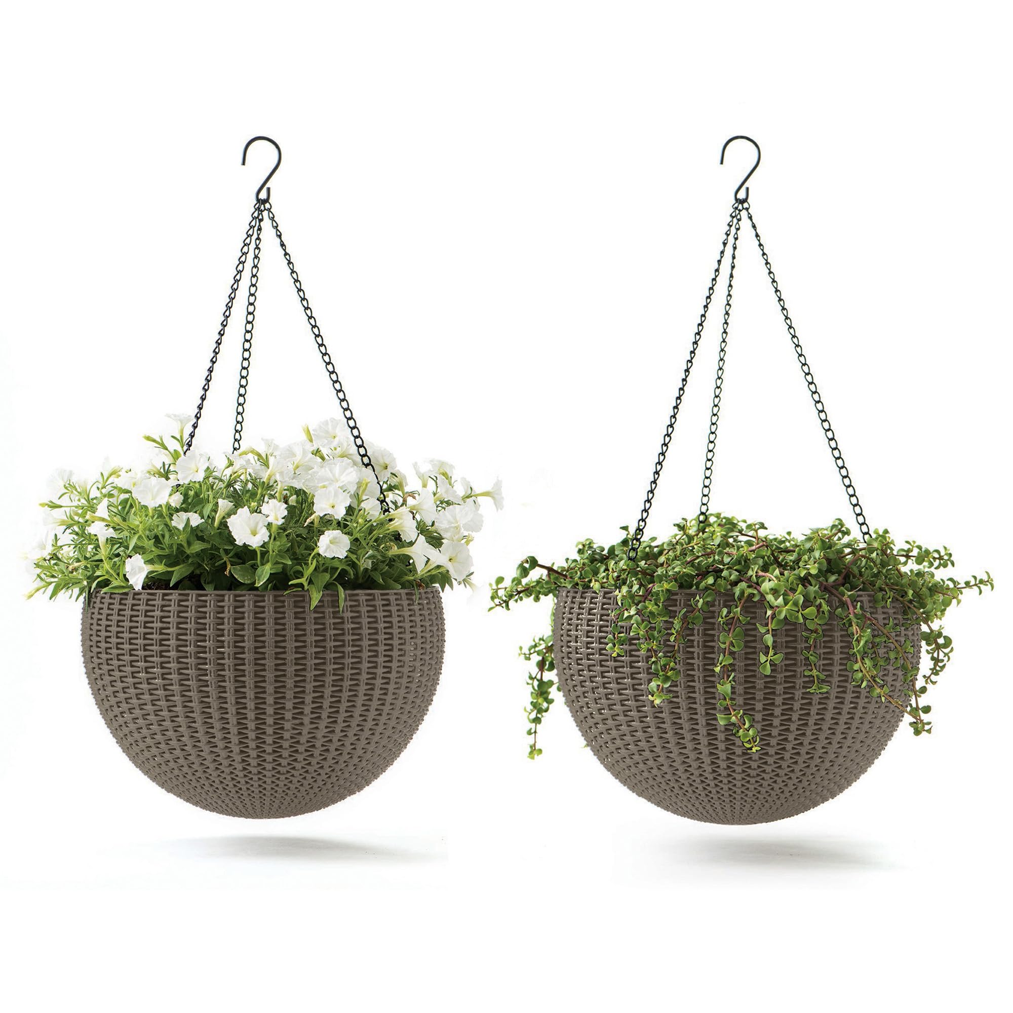 Keter Resin Rattan Set of 2 Round Hanging Planter Baskets for Indoor and Outdoor Plants-Perfect for Porches and Patio Decor, Cappuccino Image