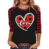 PICKID Valentines Shirts for Women Cute Love Heart Graphic T-Shirt 3/4 Sleeve Valentine's Gift Tees