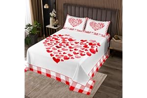 Manfei Valentine's Day Bedspread King Size, Red Love Heart Print Coverlet Set, Red Plaid Romantic Quilted Coverlet with 2 Pil