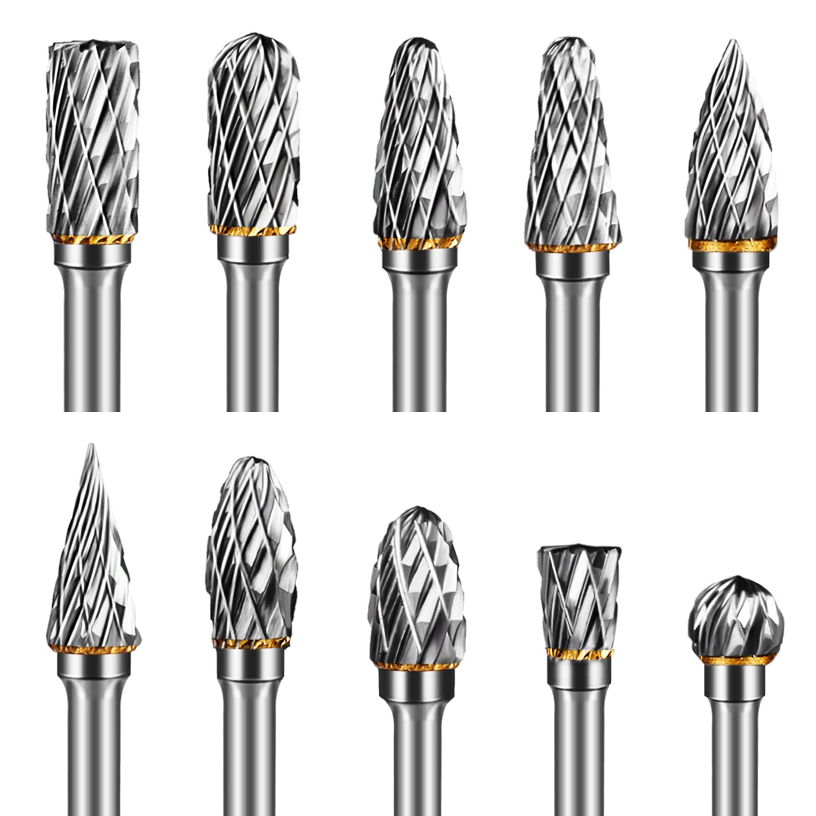 Hakkin 10PCS Double Cut Carbide Burr Set 1/8” Shank Drill Bits Tungsten Carbide Rotary Burr Set for Woodworking, Drilling, Metal Carving, Engraving, Polishing Compatible with Dremel Rotary Tool