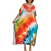 Chunoy Women Tie Dyed Love Heart Kaftan V Neck Casual Bathing Suit Kimono Sleeve Side Split Beach Cover Up Caftan Dress