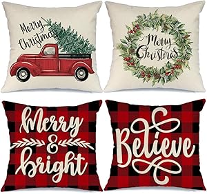 AENEY Buffalo Plaid Christmas Pillow Covers 20x20 Set of 4 Marry Bright Christmas Pillows Winter Holiday Throw Pillows Farmhouse Christmas Decor Red Truck Xmas Decorations for Couch A266-20