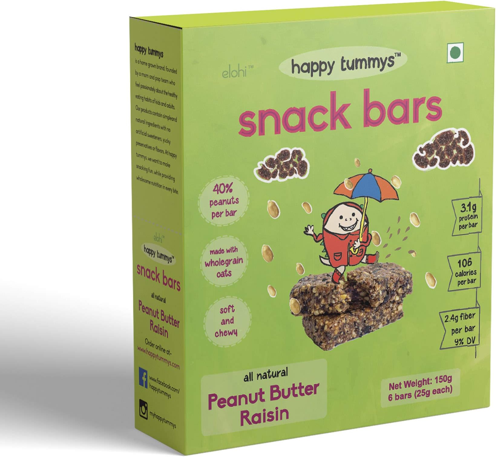 Happy Tummys Peanut Butter Raisin Snack Bars | Natural Energy Boost for Toddlers and Kids | Healthy Snack for Happy Kids | Nutritious and Ready to Eat | (Pack of 6 Bars) | 180g