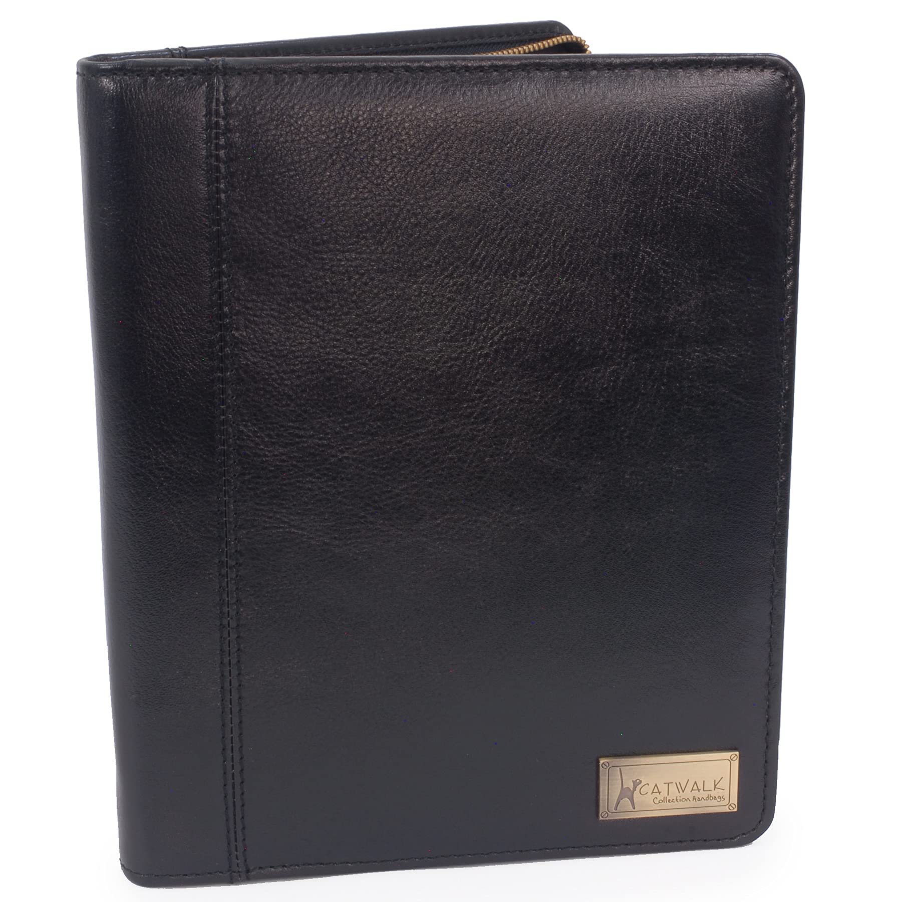 Catwalk Collection Handbags - Women's Leather A5 Conference Folder - Zip Travel Document Holder - Fits Tablet and Business Cards - Angela - Black