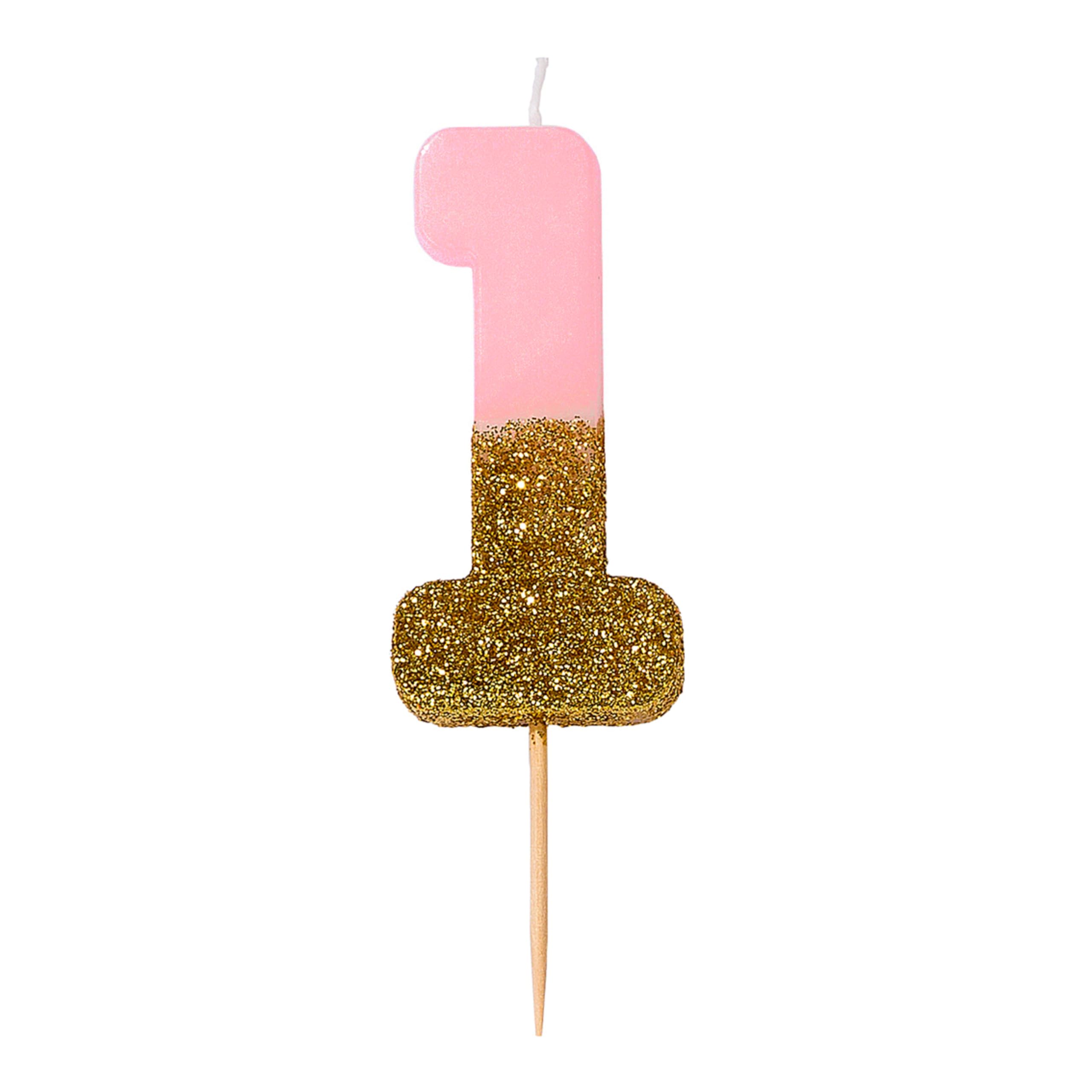 Pink Number 1 One Birthday Candle with Gold Glitter | Premium Quality Cake Topper Decoration | Pretty, Sparkly For Kids, Adults, Teenagers, 1st Birthday Party, 18th, 21st, Anniversary, Milestone Age