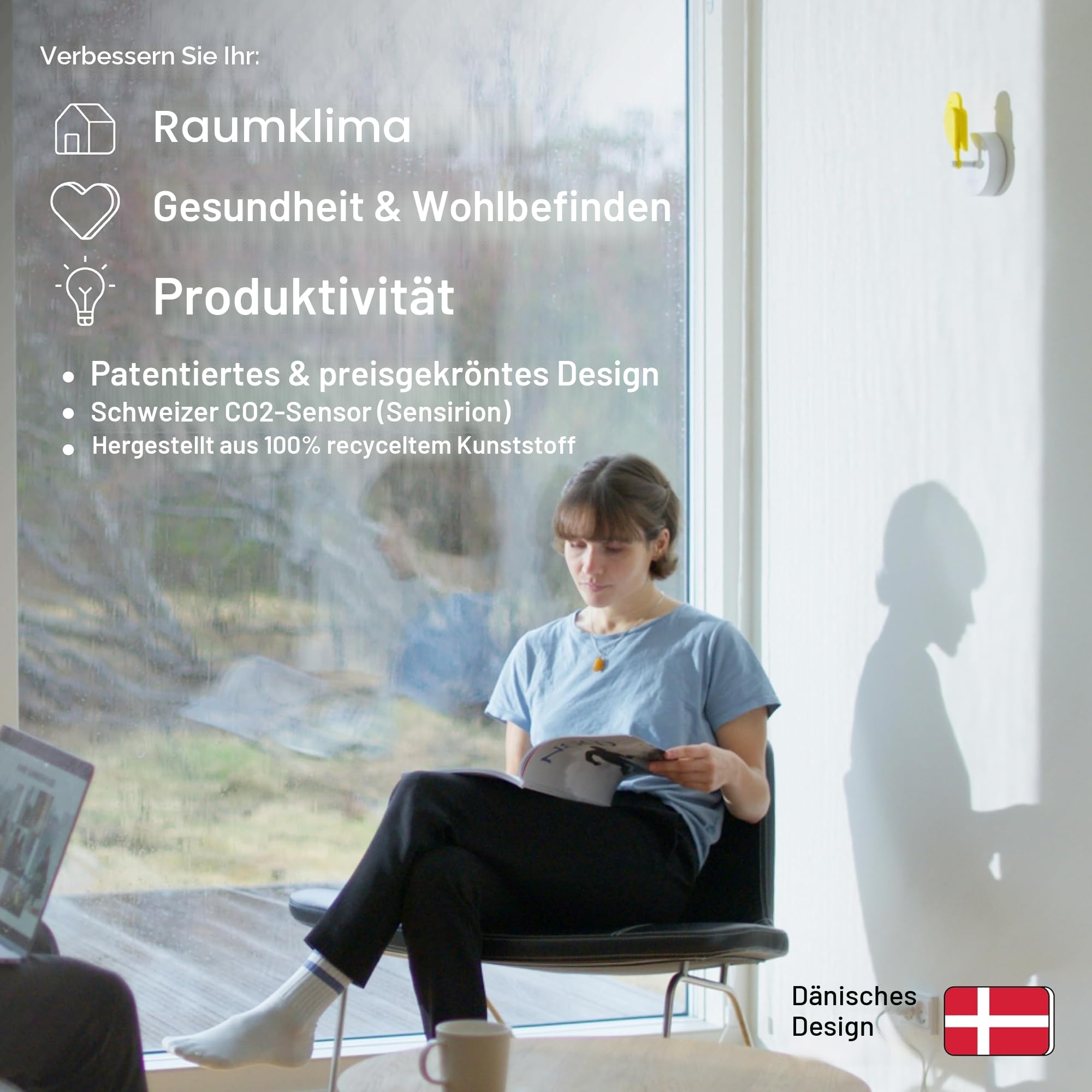 Birdie 2.0 - Design CO2-Monitor & Luftqualitätssensor - Air Monitor/Fresh Air Monitor für Zuhause und Büro - fördert geistige & körperliche Gesundheit - Wandmontage (Yellow) 2