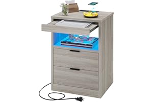 Tiptiper LED Nightstand with Wireless Charging Station, Farmhouse Nightstand with LED Light, Rustic End Table Side Table with Drawers, Pull-Out Tray and Open Storage, Grey Wood Grain