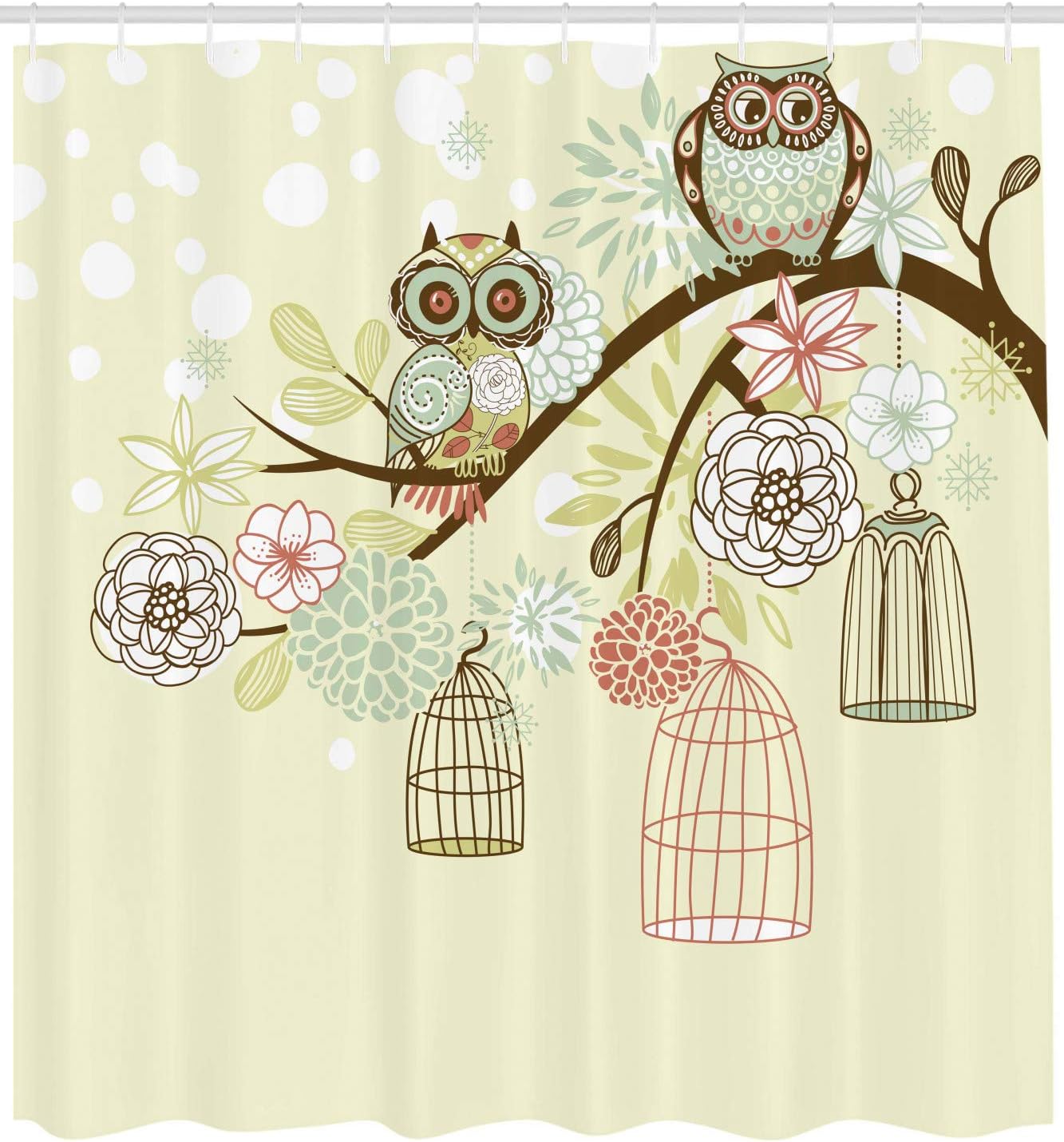 Ambesonne Owls Shower Curtain, Winter Floral Background Blossoms Owls Out of Their Cages Birdcage Freedom, Cloth Fabric Bathroom Decor Set with Hooks, 75" Long, Green Brown: Home & Kitchen