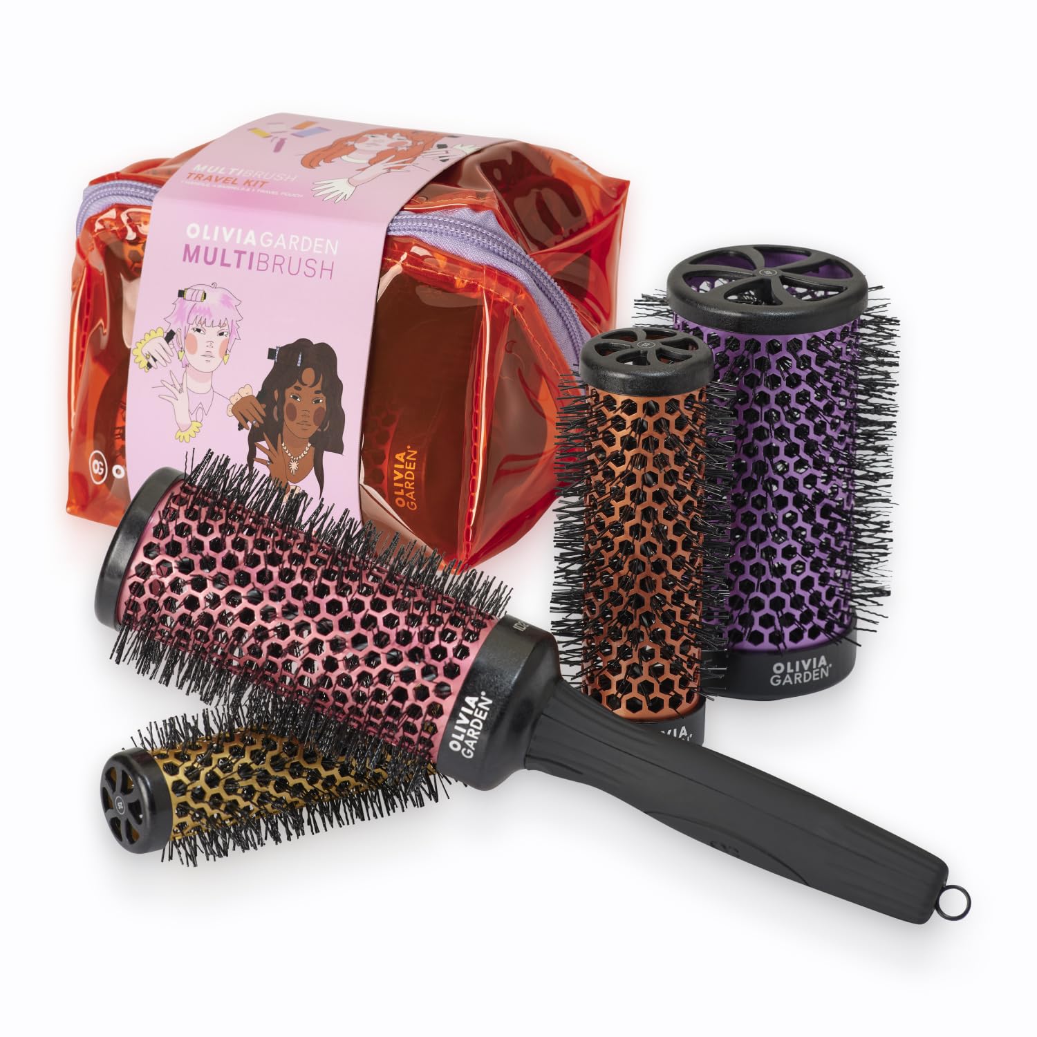Olivia Garden Multibrush Travel Kit - 4-in-1 Round Brush Set with Interchangeable Barrels - Sizes 25, 35, 45, 55 - Perfect for Great Blowouts & On-the-Go Styling