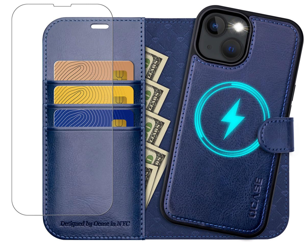 OCASE Compatible with iPhone 14 Wallet Case with Card Holders, Magnetic Detachable 2 in 1 Flip PU Leather Case Folio RFID Blocking Kickstand Shockproof Removable Phone Cover 6.1 Inch 2022 (Blue)