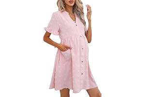 KOJOOIN Maternity Swiss Dot Dress Summer V Neck Short Sleeve Button Down Mini Dress Baby Shower Photoshoot with Pockets