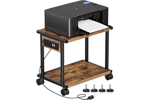 Asgolion 2-Tier Printer Table with Charging Station for Home Office Organization - Small Stand with Wheels for Scanner, Under or Beside Desk Storage Cart - Rustic Brown