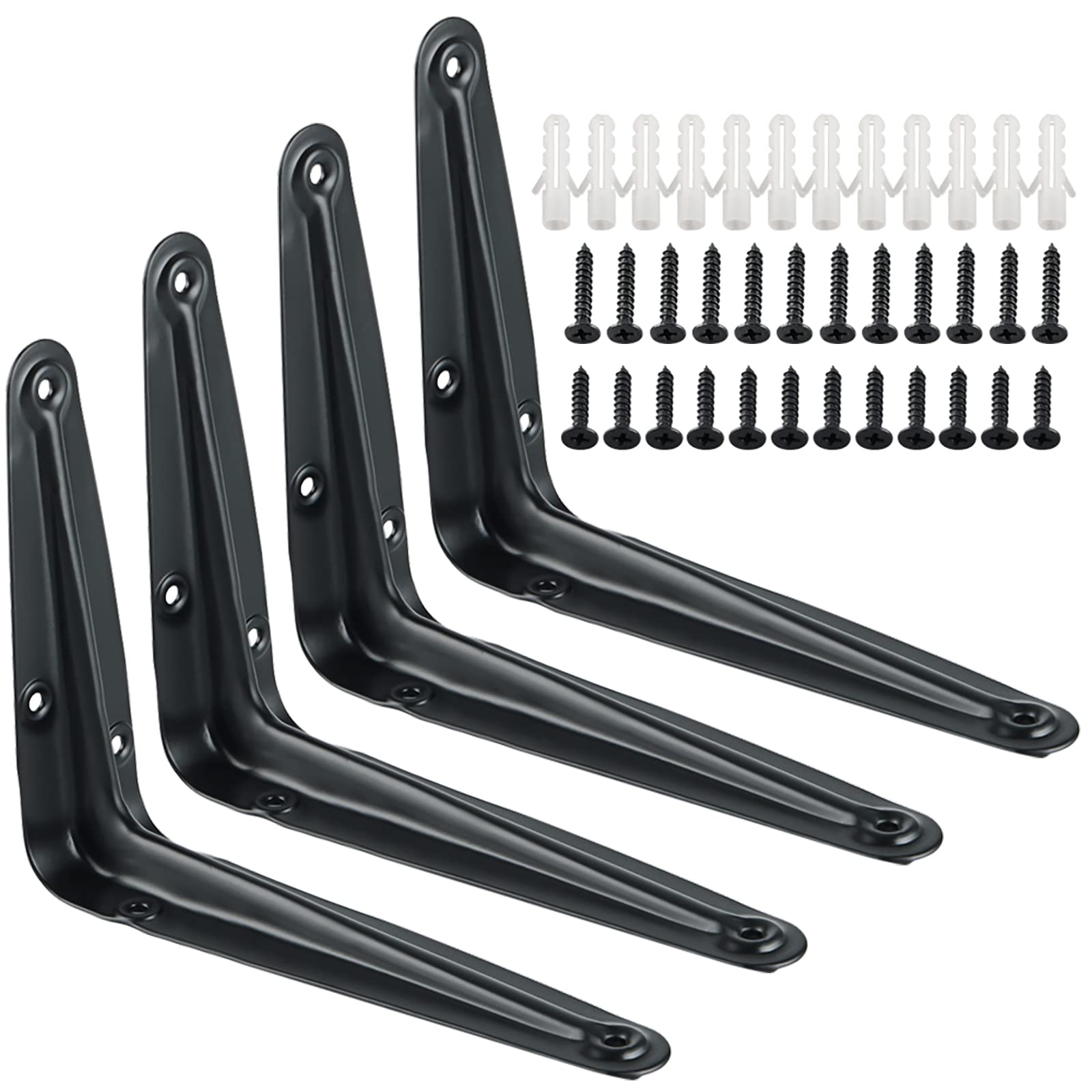 Sayayo 4Pcs Shelf Brackets 6 inch, Black L Brackets Heavy Duty Angle Shelf Supports London Style