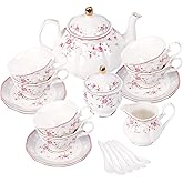 fanquare Vintage Porcelain Tea Set for Women Tea Party, Cup and Saucer Set for 6, Wedding Floral Teapot Set for Adults, Pink Rose