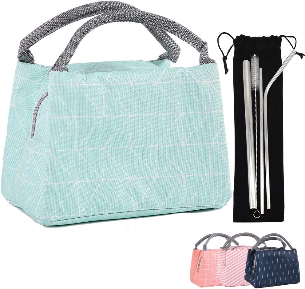 Insulated Thermal Lunch Bag, Picaru Cooler Bag Oxford Lunch Tote Reusable Waterproof Lunch Bag with Metal Straws for Women Kids,9.1×5.9×6.3 inches / 23×15×16 cm (Sky Blue))