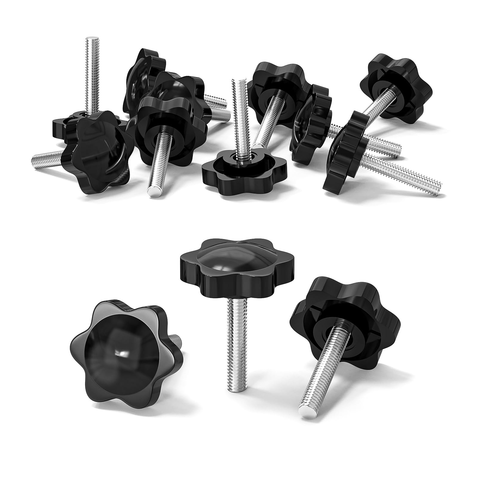 ORTAVA M6 x 30 mm Star Grip Screws, 10 Pieces, Carbon Steel, Knurled, Fully Threaded, Black