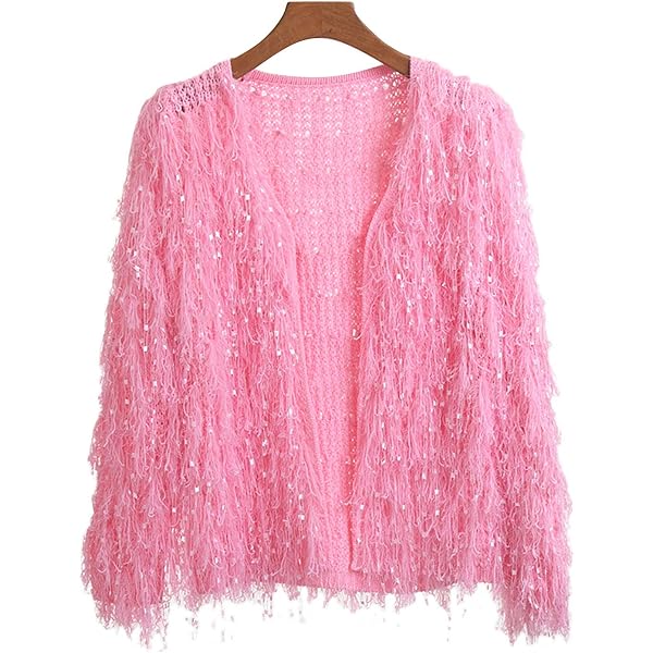 PUWEI Women's Shaggy Tassel Sequin Crochet Knit Loose Open Cardigan Jacket（Light  Pink-One Size） at Amazon Women's Clothing store