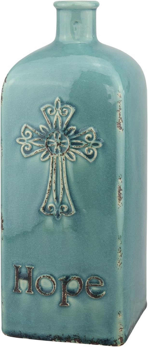 Stonebriar Decorative 12” Worn Turquoise Ceramic Bottle with Cross Detail, French Country Home Decor Accents, Vintage Vase Decoration for Dried or Artificial Flowers: Home & Kitchen