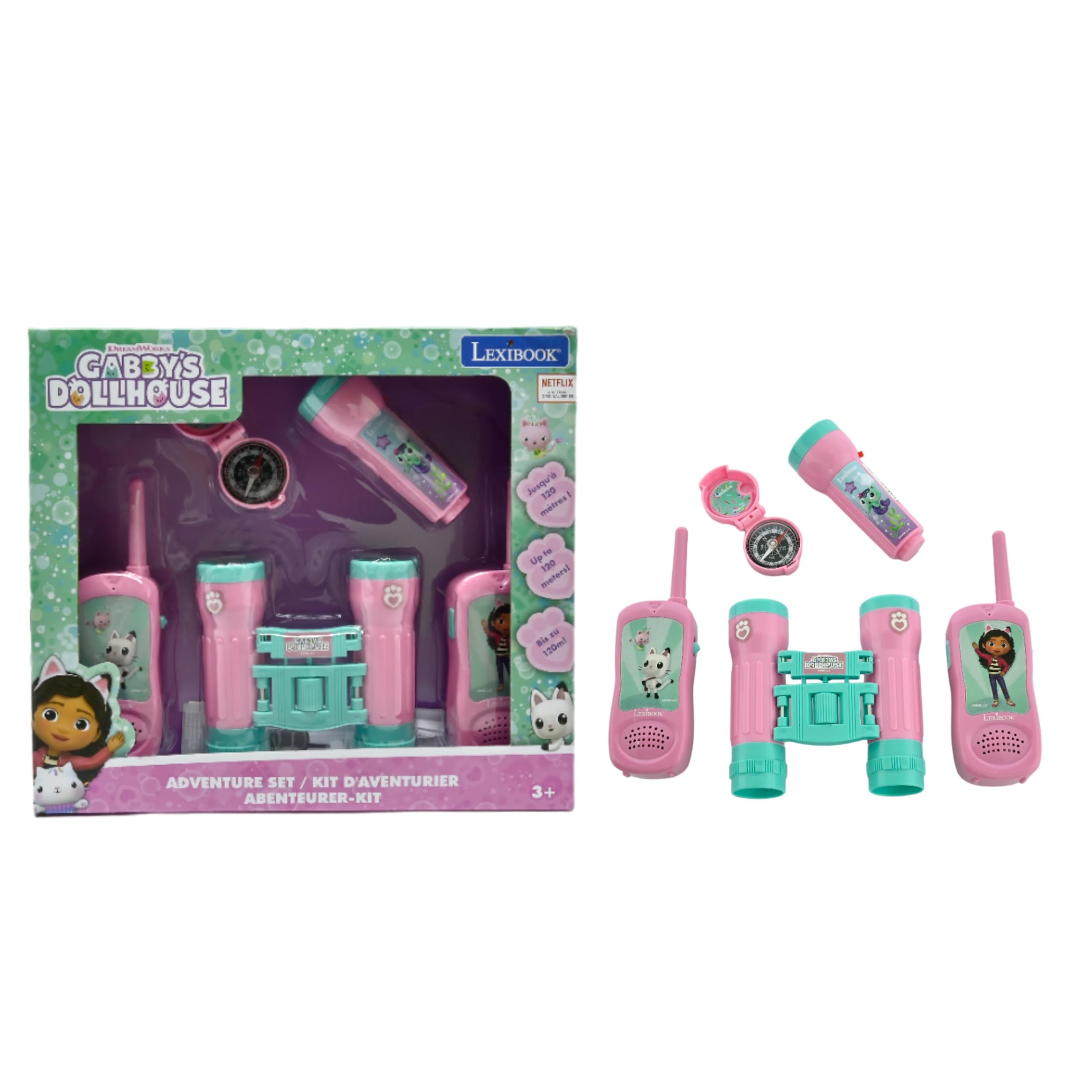 LEXIBOOK, Gabby’s Dollhouse, Adventurer Set for Children, Walkie-Talkies 120m, Binoculars, Compass, Torchlight, Pink, RPTW12GDH