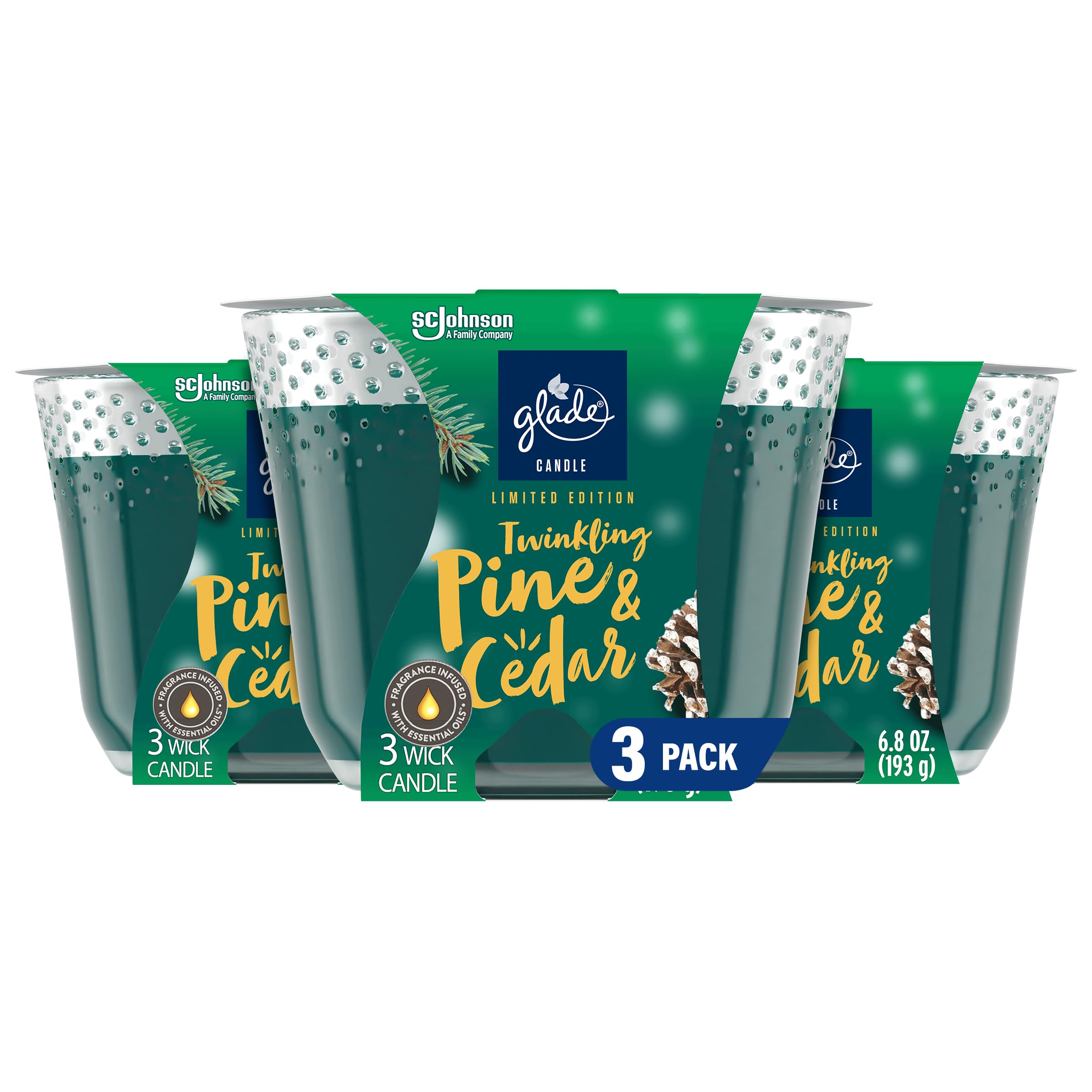 Candle Twinkling Pine & Cedar, Fragrance Candle Infused with Essential Oils, Air Freshener Candle, Limited Edition Scent, 3-Wick Candle, 6.8 Oz, 3 Count