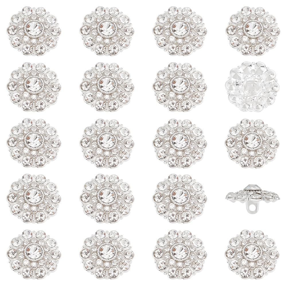 FINGERINSPIRE 20PCS Rhinestone Buttons - 18x10mm Crystal Rhinestone Buttons with 2mm Hole Silver Alloy Shank for Garment Accessories, Flower Shape Button for Clothes, Bags, Hats Decoration