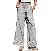 TARSE Womens Gingham Striped Linen Pants Wide Leg Casual Cute Pajama Lounge Bottoms Plaid Trousers with Pockets