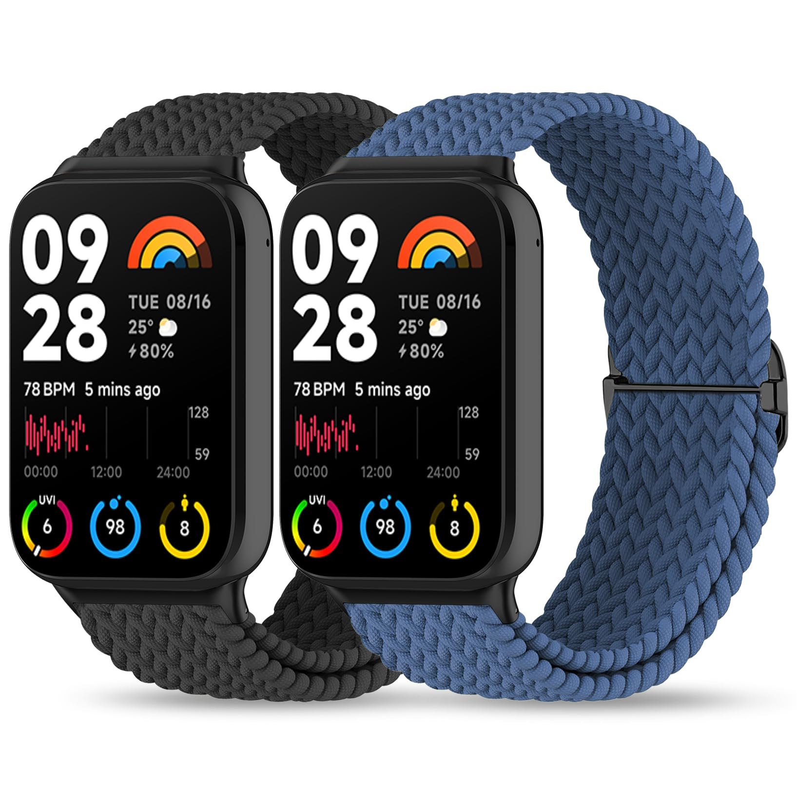 Wizvv Braided Strap for Xiaomi Mi 9 Pro / 8 Pro / Redmi Watch 5 / Watch 4 Elastic Soft Nylon Watch Strap Replacement Watch Strap for Men Women 2 Pieces, 150-240 mm, Nylon