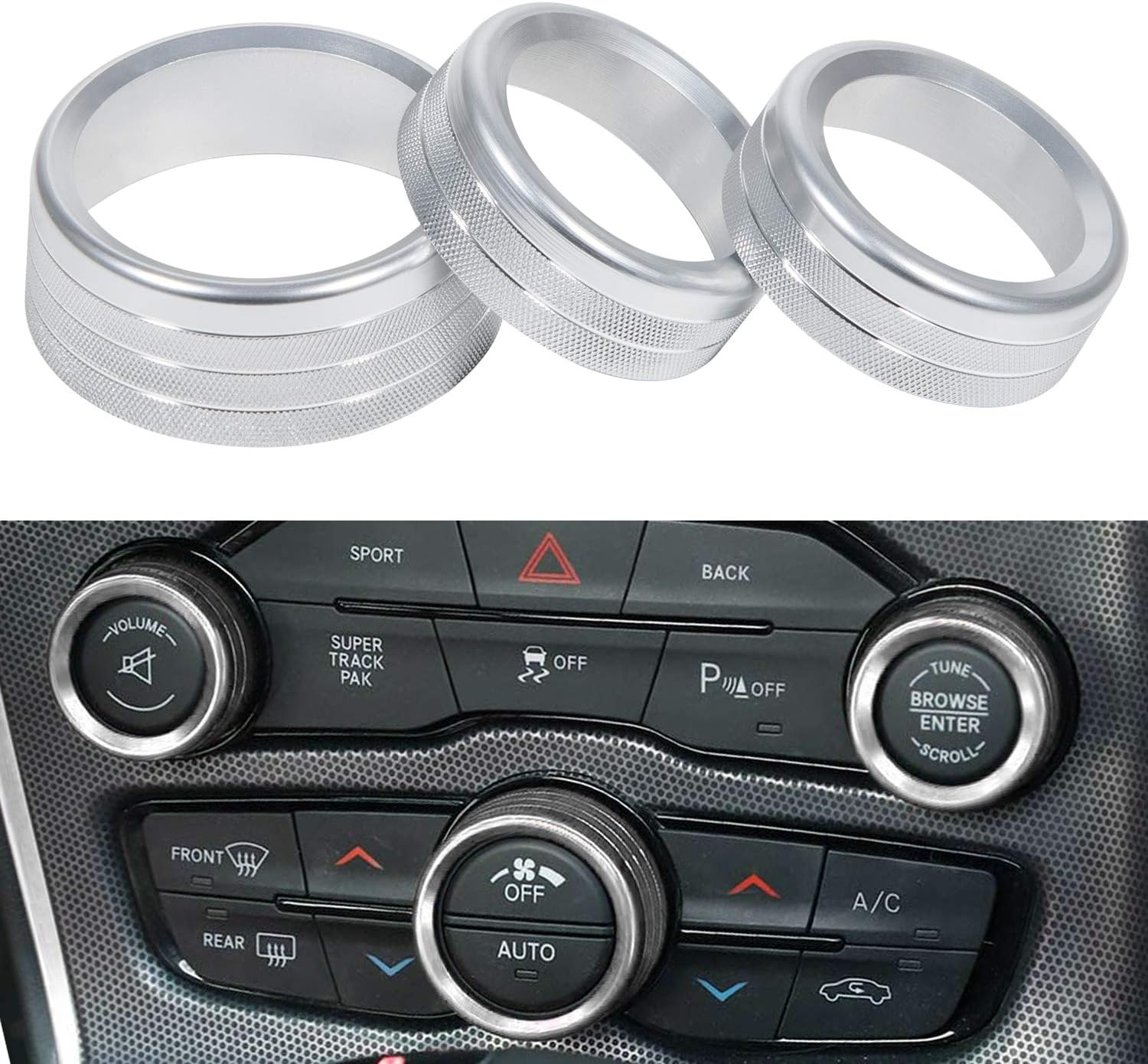 3pcs Audio Air Conditioner Switch CD Button Knob Cover Decoration Twist Switch Ring Trim for Dodge Challenger/Charger/Chrysler 300/300s 2015-2021(Silver)