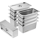 VEVOR 8 Pack Hotel Pans, 1/3 Size Anti-Jam Steam Pan with Lid, 0.8mm Thick Stainless Steel Steam Table, 6-Inch Deep Commercia