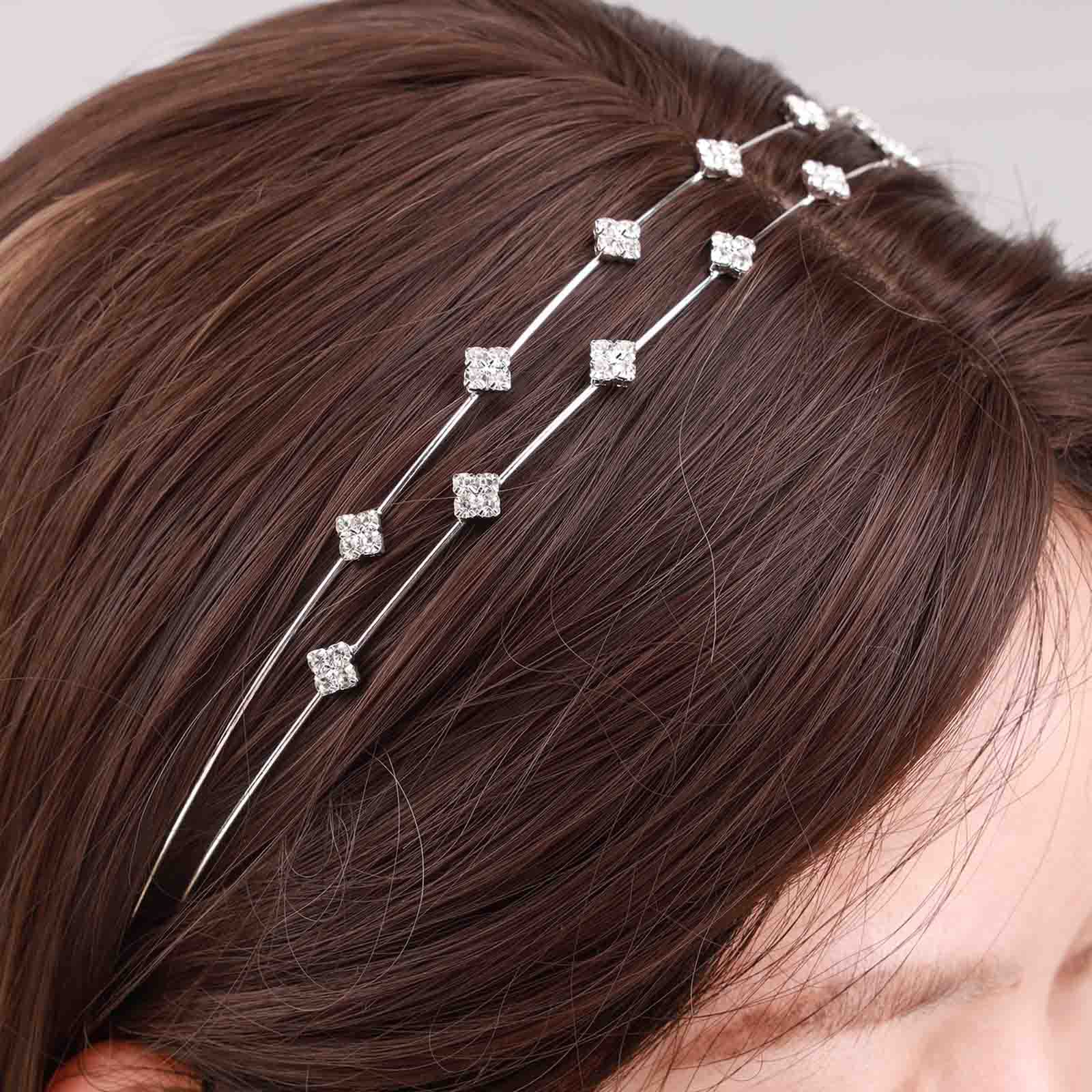 Yienate Rhinestones Wedding Headband Sparkling Crystal Bridal Headband Silver Double Band Bridal Headpieces CZ Crystal Crown Tiara Hair Hoop Wedding Headdress for Women Girls