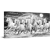 iKNOW FOTO Large Black and White Running Horses Wall Art Canvas Prints Modern 7 White Horses with Full Moon Picture Animal Paintings on Canvas Artwork for Walls 20x40 Inches