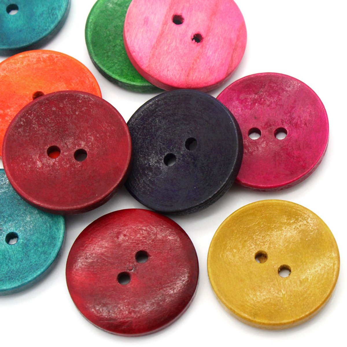HOUSWEETY 50PCs Wood Sewing Buttons Scrapbooking 2 Holes Round Mixed 3cm(1 1/8") Dia.